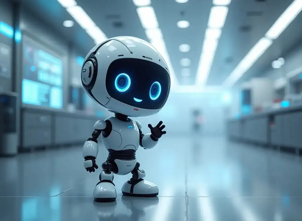 귀여운 인공지능 로봇이 인사하고 있다.