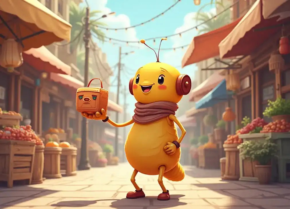 라디오를 들고 있는 노란 인공지능 로봇의 일러스트 이미지.