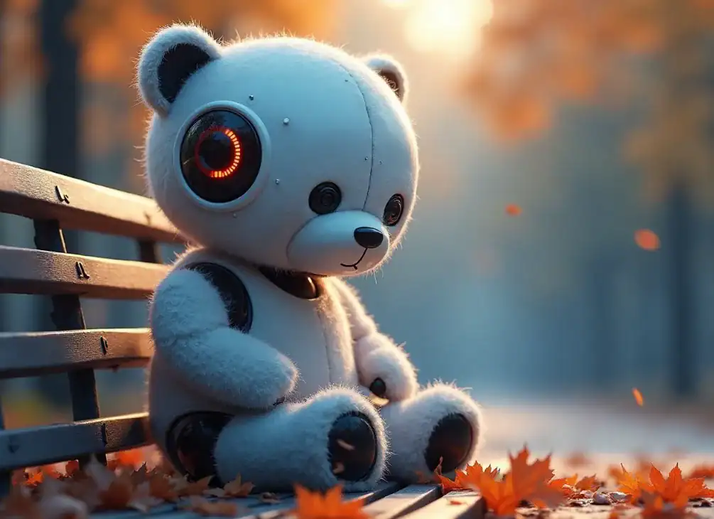인공지능 곰 인형 로봇이 벤치에 앉아 생각에 몰두하고 있다.