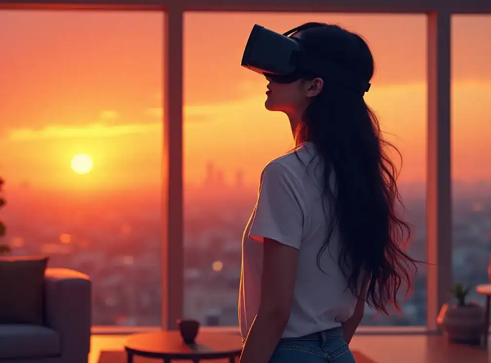 VR을 쓴 여성의 사진.