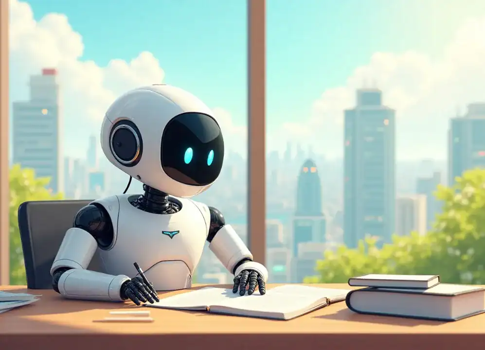 AI 로봇이 펜으로 글을 적고 있다.