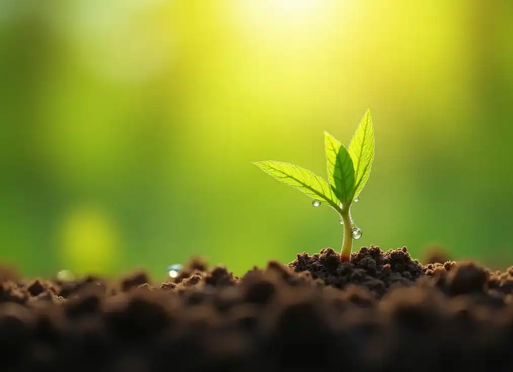 흙 위에 초록색 새싹이 자라고 있다.