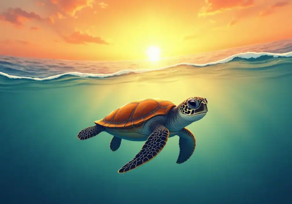 바다거북이 뜨거운 햇살을 받으며 바다를 거닐고 있다.