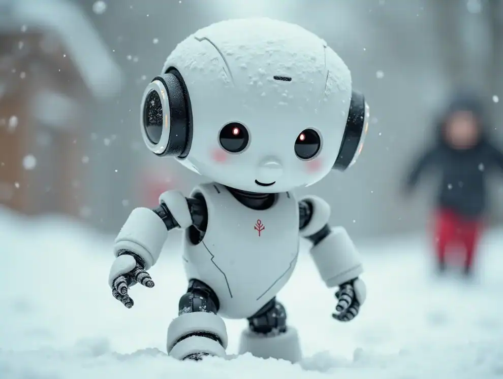 하얀 인공지능 로봇이 눈을 맞으며 서 있다.