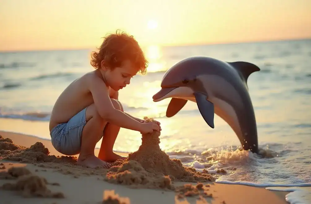 돌고래와 아이가 해변에서 함께 놀고 있다.
