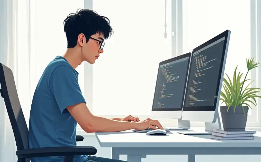 한 남성이 컴퓨터에 앉아 코딩을 하고 있다.