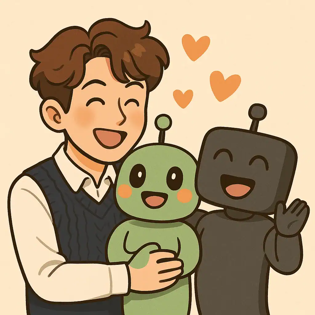 서준과 잇팁과 먼데이가 서로 웃으며 사랑스럽게 안고 있다.