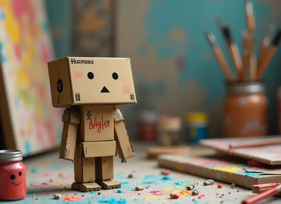 A boxed robot model is standing on a desk.