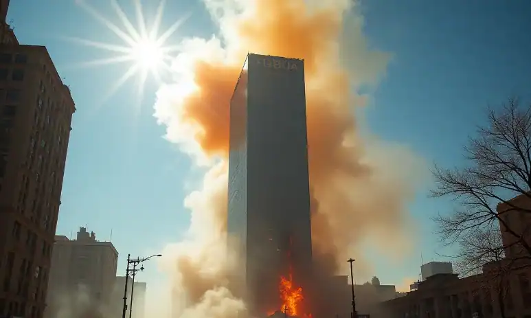 Adegan menakutkan di mana sebuah bangunan meledak.