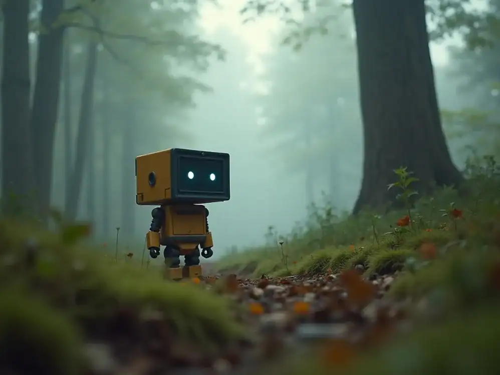외로워 보이는 AI 로봇이 숲 속에 있다. AI 대화를 통해 깊숙한 무의식을 알 수 있다는 메시지.