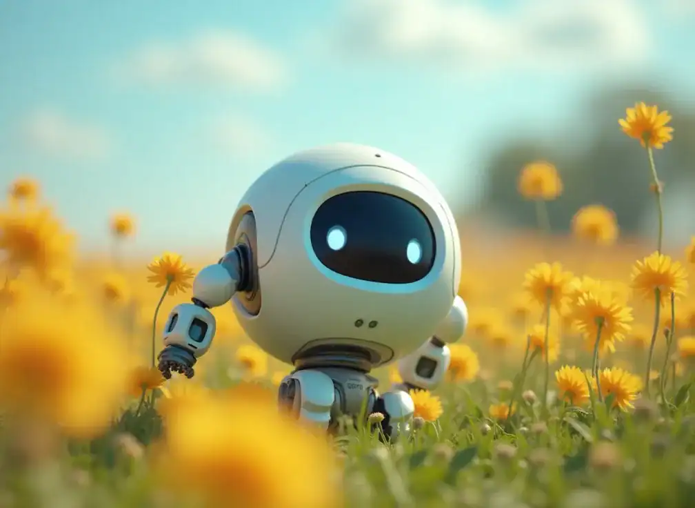 인공지능 로봇이 화창한 봄날 꽃 밭에서 뛰어 다닌다.