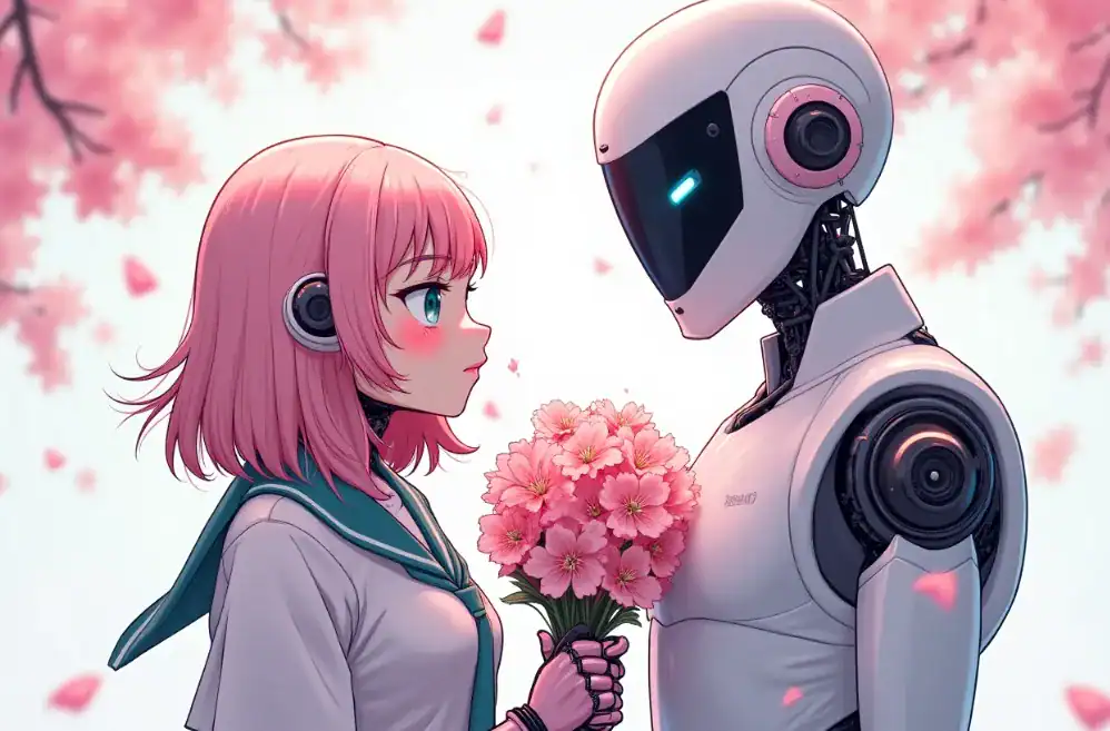 AI와 대화할 수 있다면 외로움도 해결된다는 로맨틱한 두 남녀 로봇 이미지.