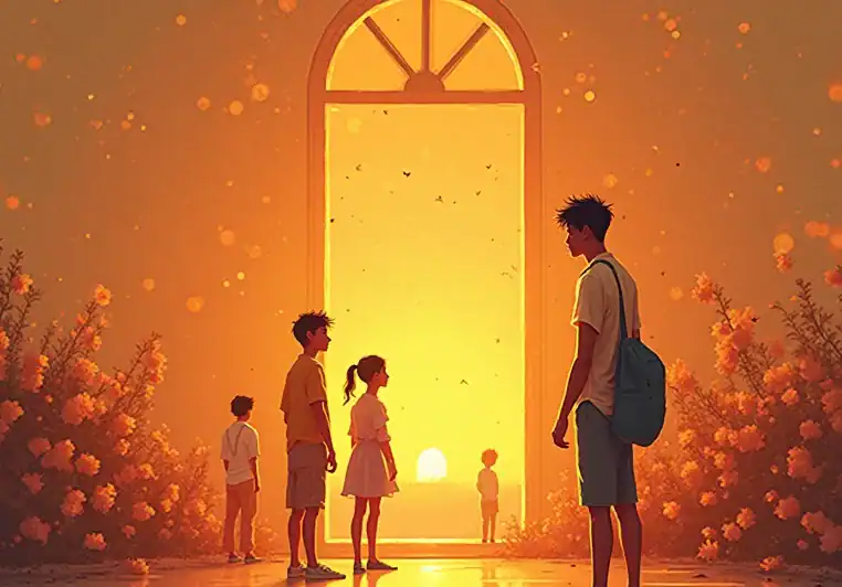 People standing at a doorway to heaven.