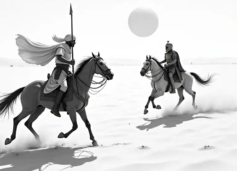An image depicting a medieval game. Warriors on horseback in the desert.