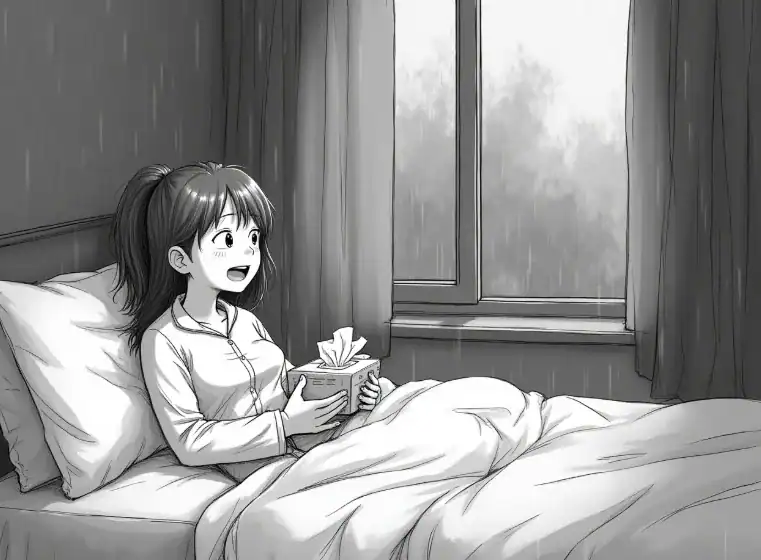 A woman with a cold is lying in bed with a tissue in her hand.