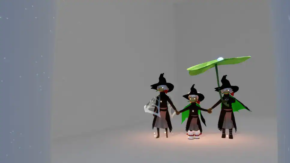 Three men and women in a peaceful mood hold hands and take a photo.