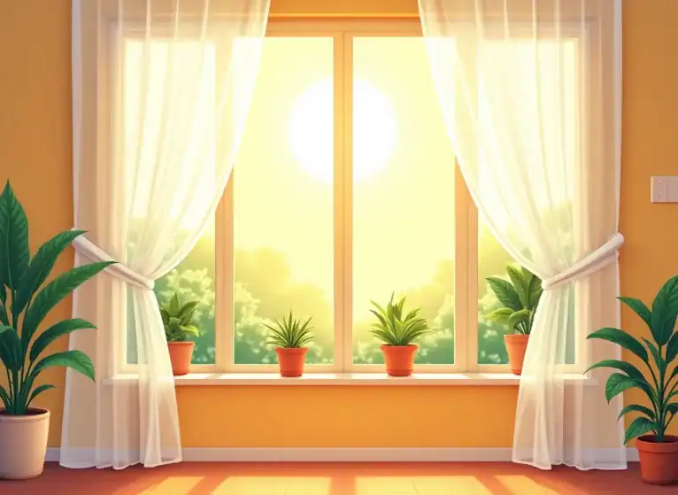 An image that depicts warm sunshine and a large window.