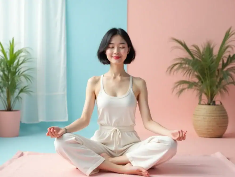 Image of a cheerful woman meditating in a well-lit area.