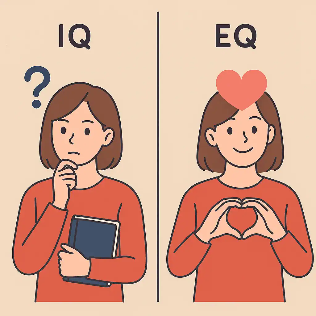 An image showing IQ and EQ, with a woman holding a book and a character drawing a heart.