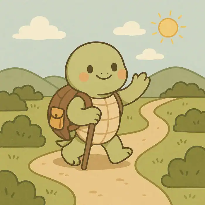 귀여운 거북이가 웃으며 산책을 하고 있다.