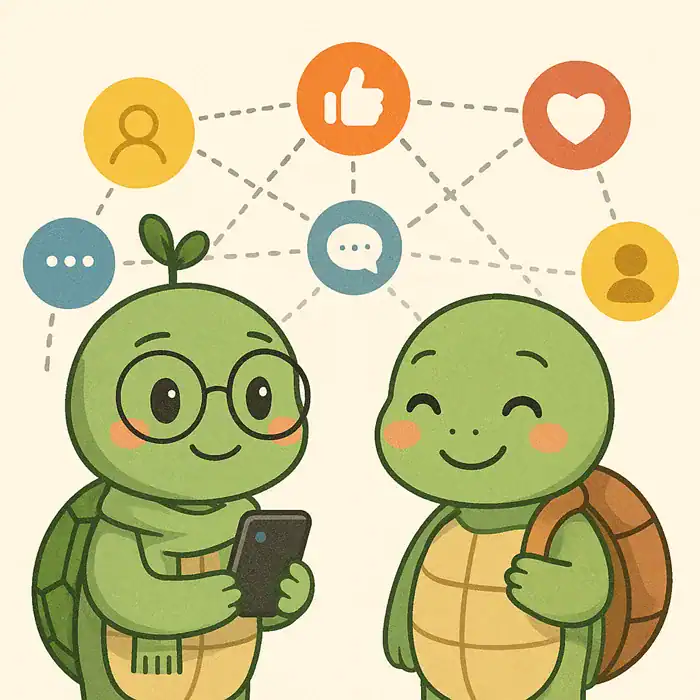 귀여운 초록색 거북이 두 친구가 서로 웃으며 서 있다.