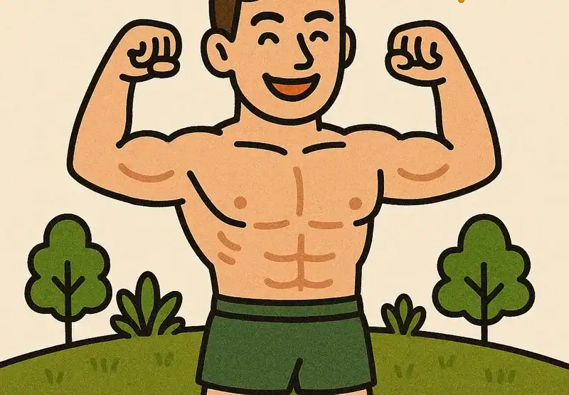 Illustration of a muscular man posing and smiling.
