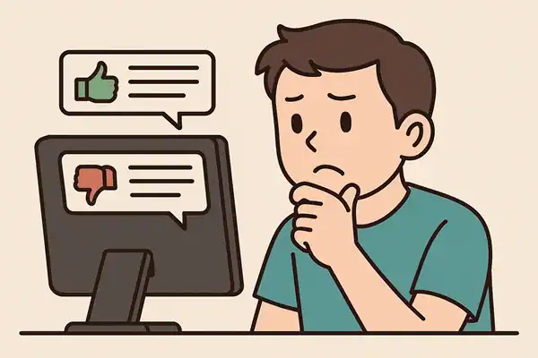 긍정적 혹은 부정적 반응의 커뮤니티를 보고 있는 남성의 일러스트.