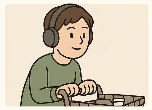 헤드셋을 끼고 쇼핑 카트를 끄는 남성의 일러스트.