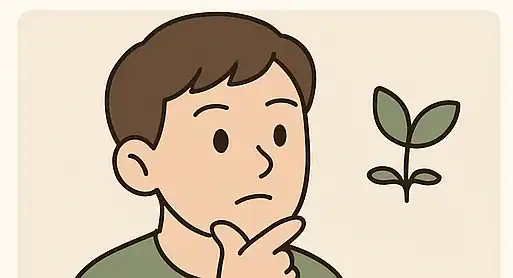 새싹을 상상하고 있는 남성의 일러스트.