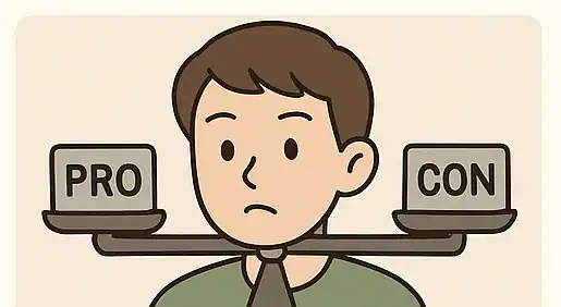 장점과 단점의 저울 앞에 서 있는 남성의 얼굴.