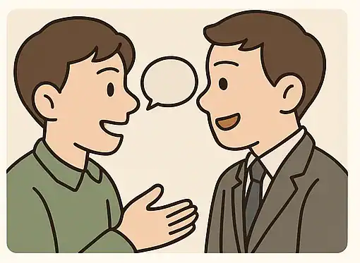 정장을 입은 말끔한 남자와 이야기하는 남성의 일러스트.