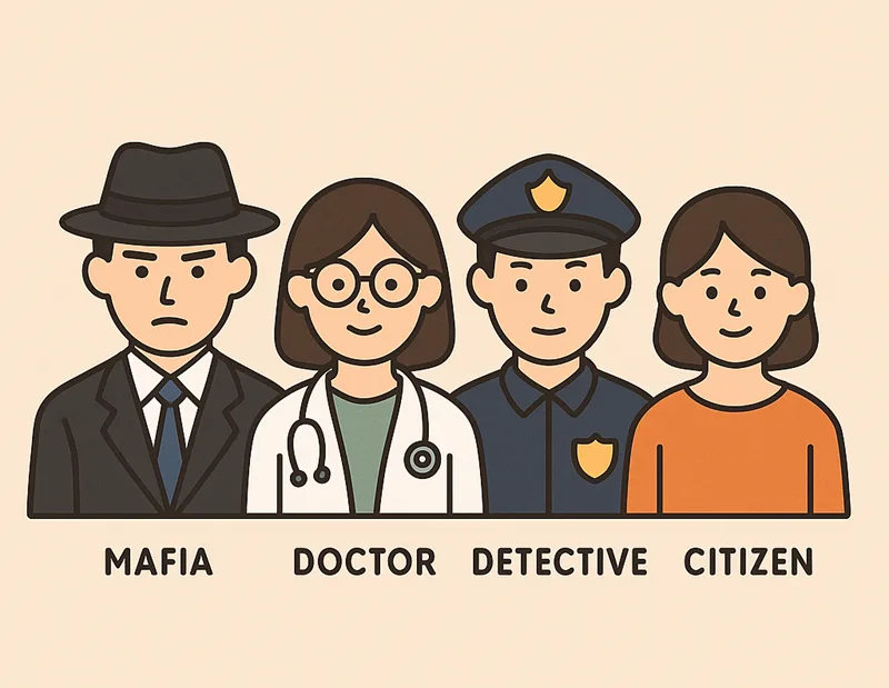 Illustration of side-by-side representations of the professions in the Mafia game.