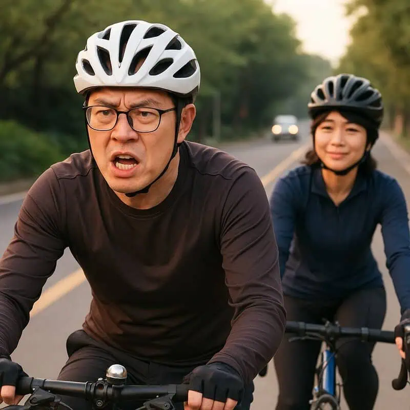 A man enthusiastically riding his bike on the road and a relaxed woman following behind him.