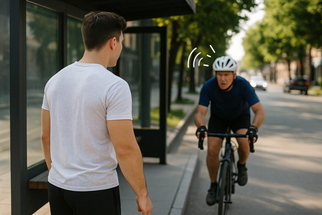 A photo of a man standing at a bus stop and a man on a bicycle racing toward him.