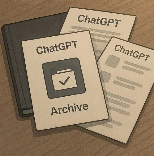 'ChatGPT Archive'라고 적힌 서류가 책상에 널부러져 있는 일러스트.