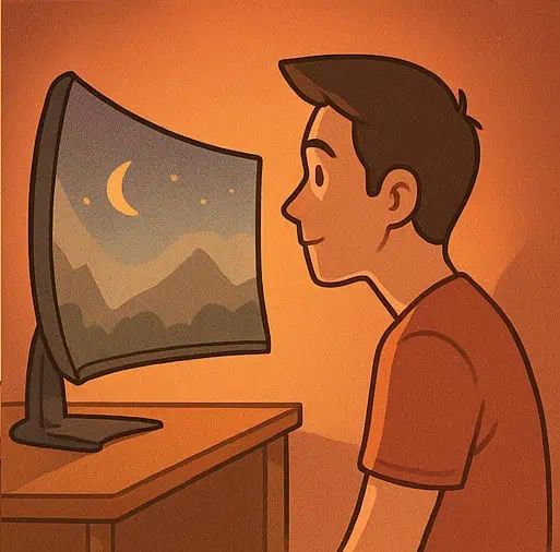 Illustration of a man looking at a curved monitor with a curved shape.