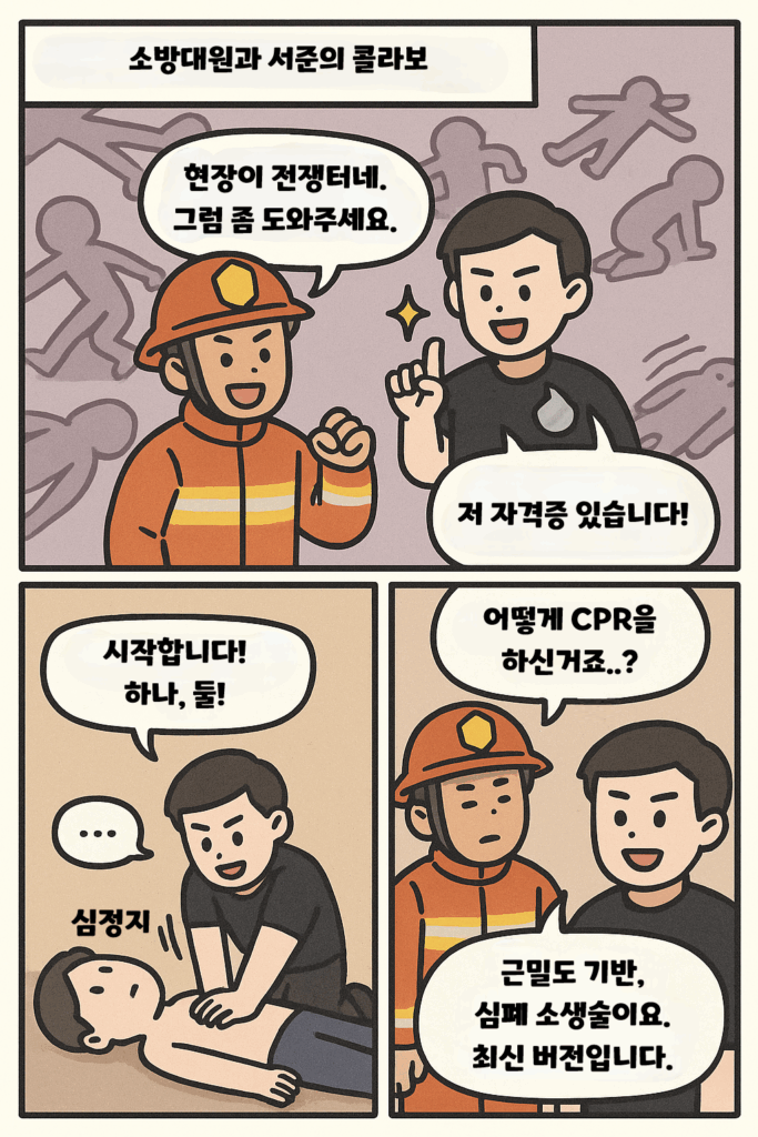 소방관을 도우며 심폐소생술을 하는 주인공이지만, 환자가 심정지해 버린 유머 이미지.