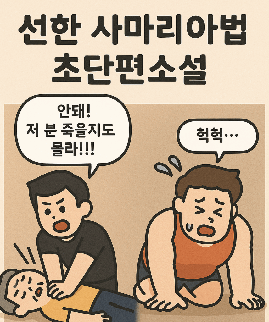 선한사마리아법에 관한 썸네일 이미지. 심폐소생술을 하고 있는 남자와 달리다 지친 보디빌더 남자가 보인다.