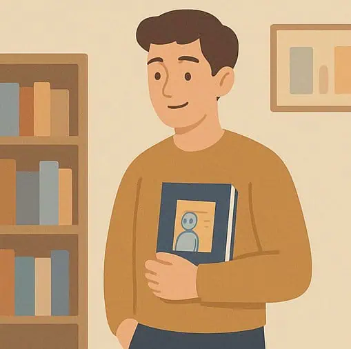 Soft illustration of a man standing with a book.