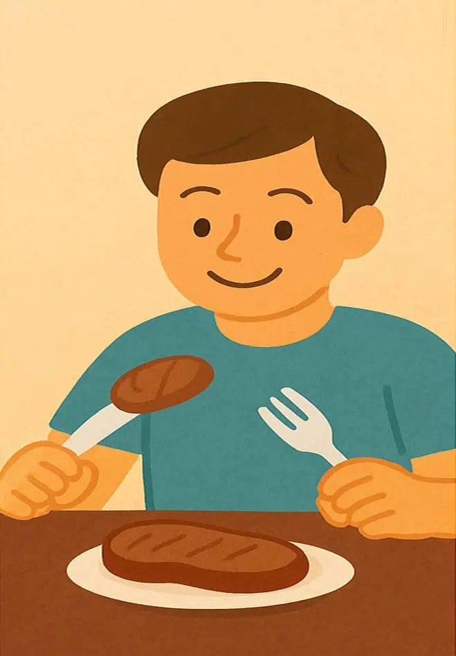 나이프와 포크로 고기를 먹는 서준 캐릭터.