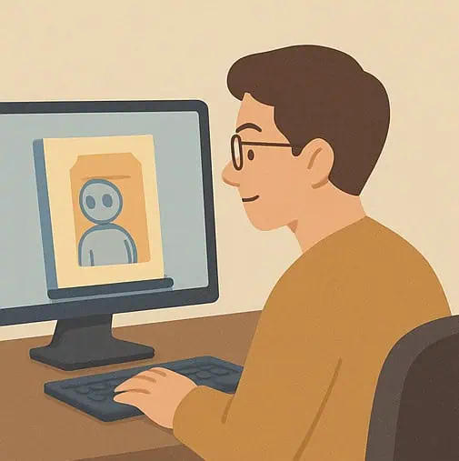 Illustration of a man looking at the cover of a book on a monitor.