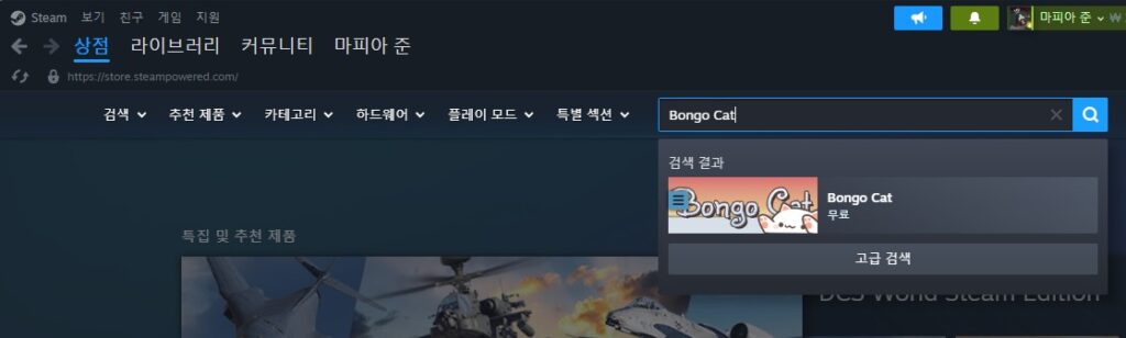 스팀 검색 'Bongo Cat'.