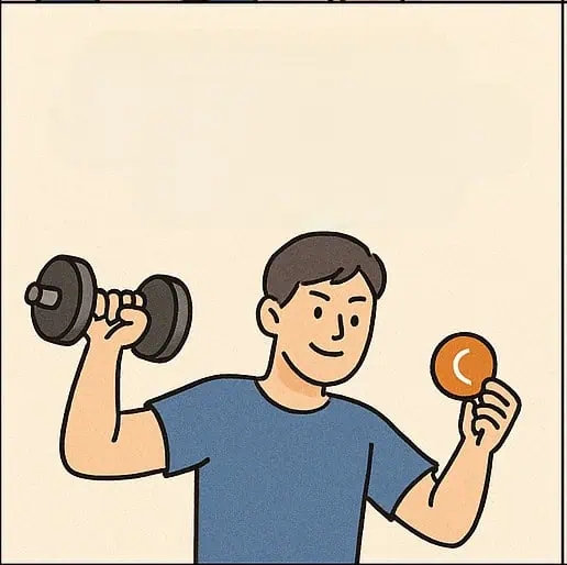 한 손에는 아령, 다른 손에는 비타민 C를 들고 있는 한 남성의 사진.