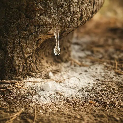 매스틱검 나무와 떨어지는 끈적한 투명 수액.