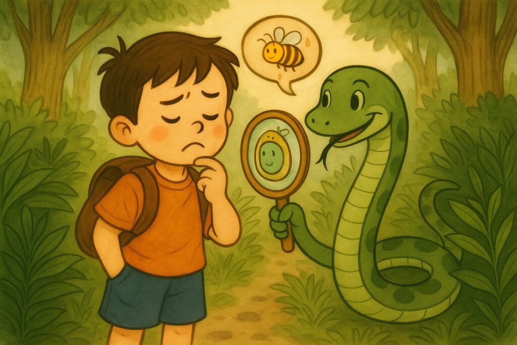 Rami is holding a mirror and talking about the boy and the bee.