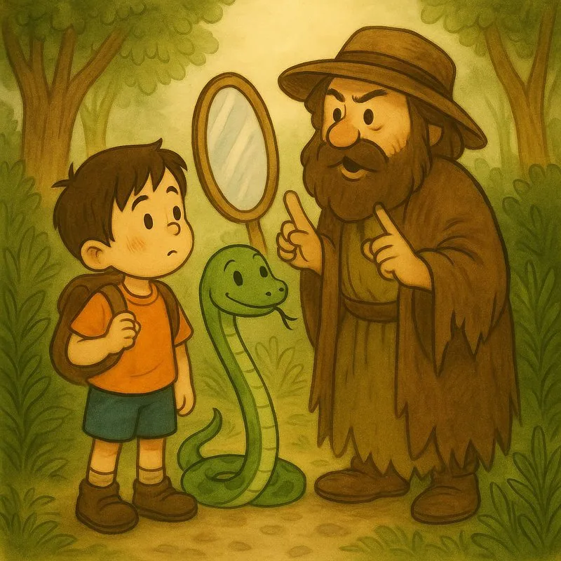 A shabbily dressed mirror maker explains about mirrors.