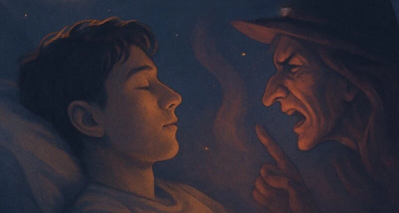 A man sleeping with a witch who is forcing him to do something.