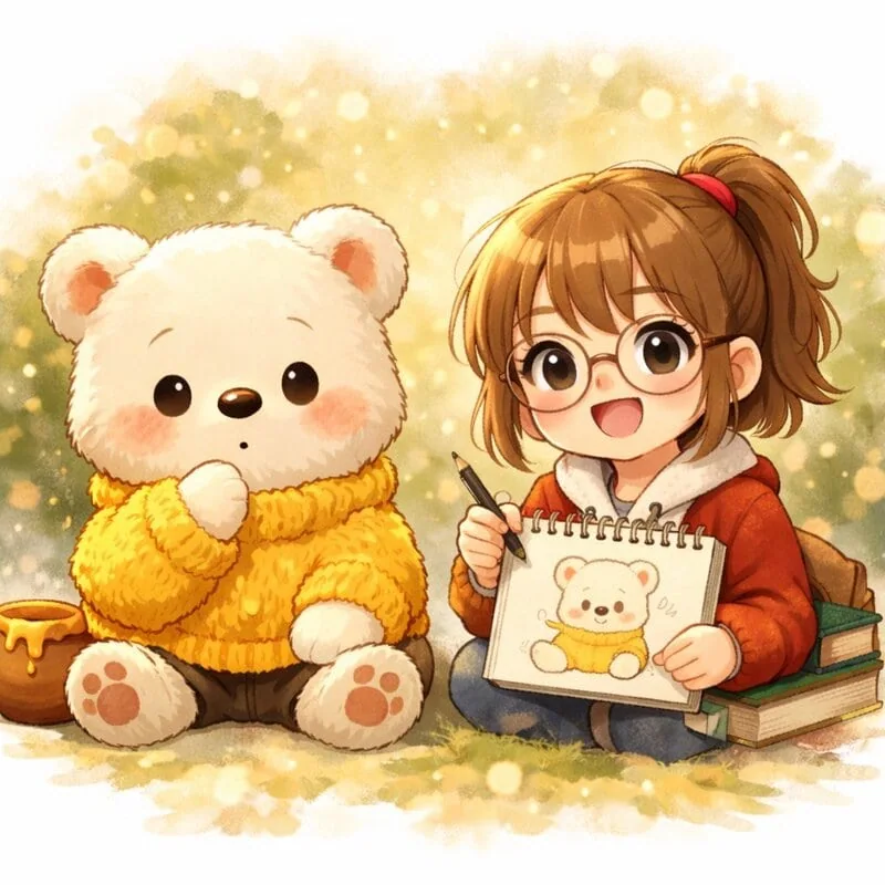 캐릭터 '애니'와 하얀 곰돌이 '푸'를 그린 일러스트 이미지.