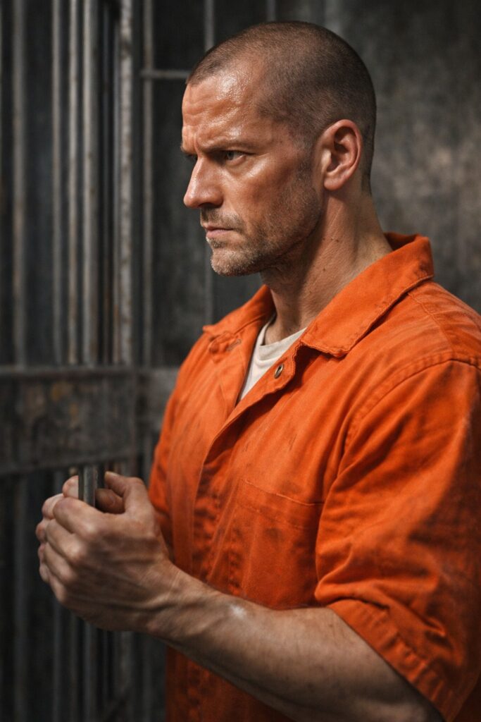 An image of a masculine cool guy in an orange prisoner suit looking at something intently.