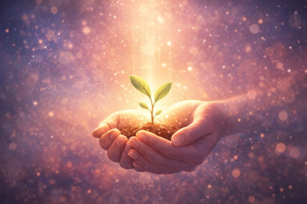 두 손 안에 있는 신비로운 새싹과 흙.